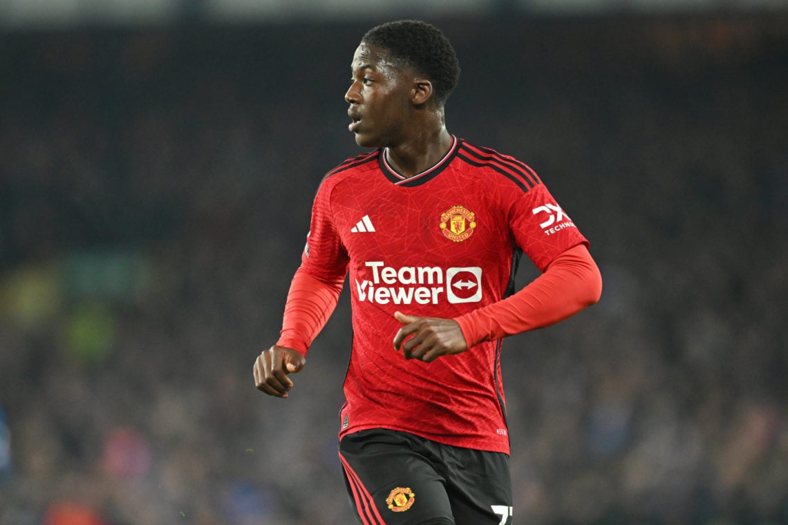 Kobbie Mainoo of Manchester United looks on during the Premier League match between Everton FC and Manchester United at Goodison Park on November 2...