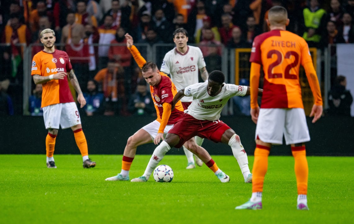 Kobbie Mainoo of Manchester United in action during the UEFA Champions League match between Galatasaray A.S. and Manchester United at Ali Sami Yen ...