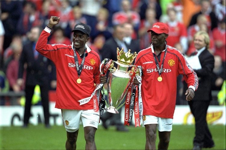 Dwight Yorke and Andy Cole celebrate after the FA Carling Premiership match between Manchester United v Tottenham Hotspur at Old Trafford on May 16...