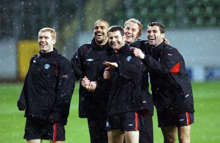 Paul Scholes, Juan Sebastian Veron, Denis Irwin, Nicky Butt and Roy Keane training the night before the Bayer Leverkusen v Manchester United match ...