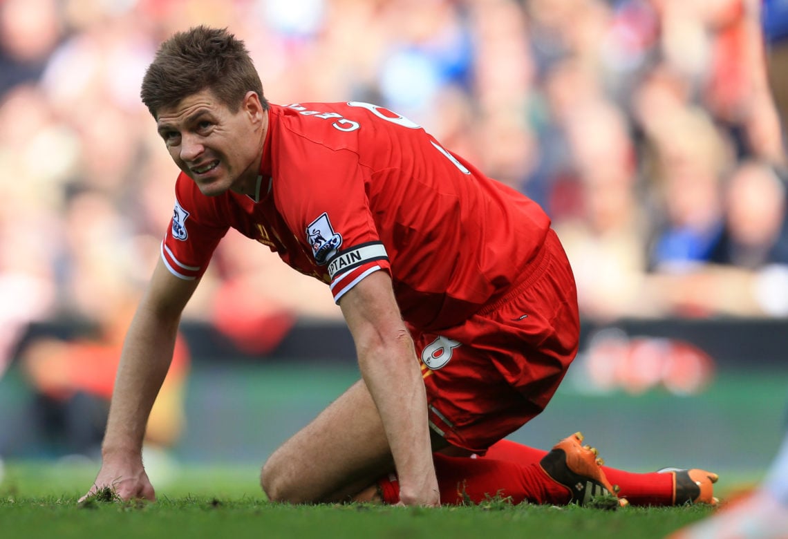 Steven Gerrard of Liverpool looks dejected during the Barclays Premier League match between Liverpool and Chelsea at Anfield on April 27, 2014 in L...