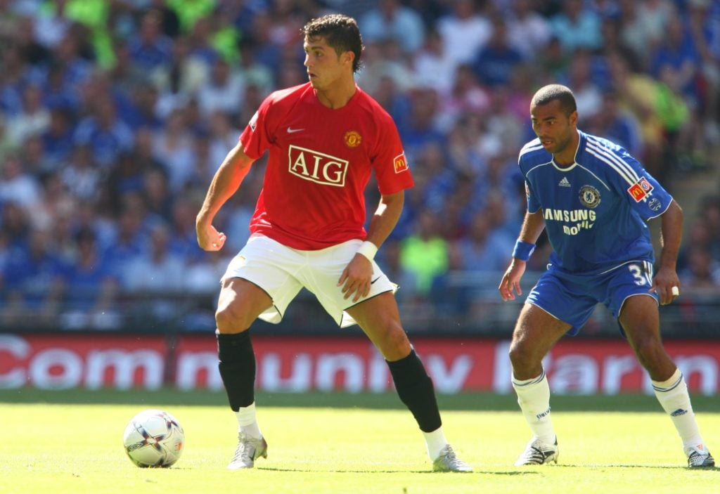 Cristiano Ronaldo of Manchester Utd (left) and Ashley Cole of Chelsea during the 2007 Community Shield match between Chelsea and Manchester United ...