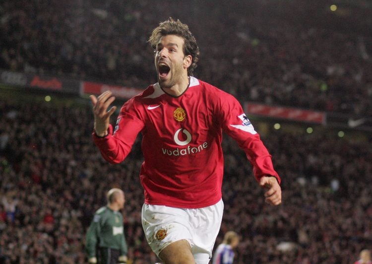 Ruud van Nistelrooy of Manchester United celebrates scoring the first goal during the Carling Cup semi-final second leg match between Manchester Un...