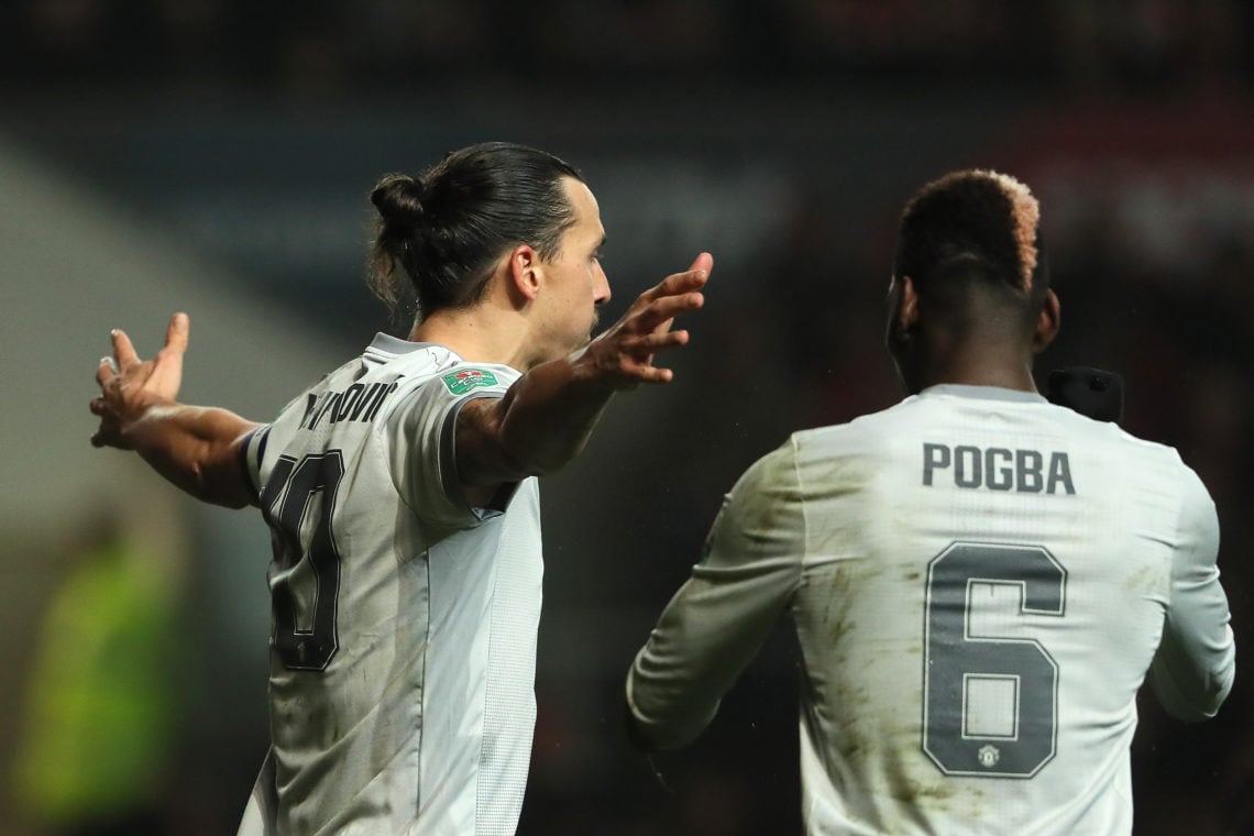 Zlatan Ibrahimovic of Manchester United celebrates scoring a goal to make the score 1-1 with Paul Pogba during the Carabao Cup Quarter-Final match ...