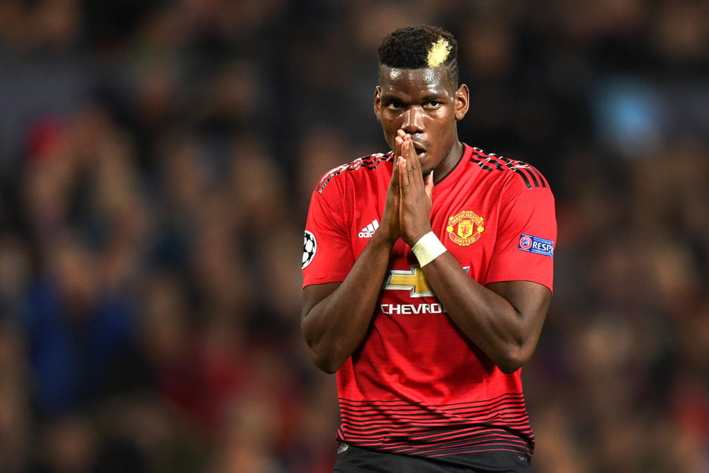 Paul Pogba of Manchester United looks dejected after hitting the post during the Group H match of the UEFA Champions League between Manchester Unit...