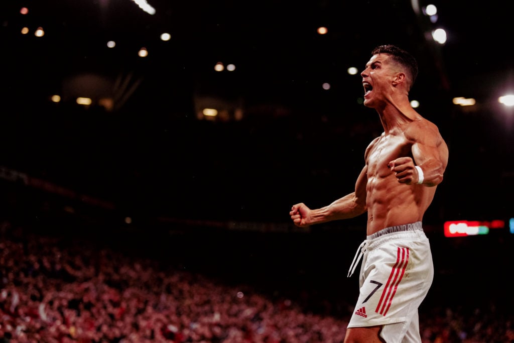 Cristiano Ronaldo of Manchester United  celebrates scoring a goal to make the  2-1 during the UEFA Champions League group F match between Mancheste...