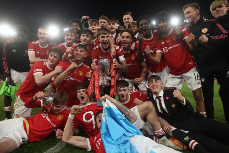 Manchester United celebrate with the FA Youth Cup trophy after beating Nottingham Forest 3-1 in the FA Youth Cup final match between Manchester Uni...