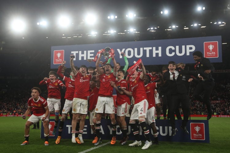 Manchester United celebrate with the FA Youth Cup trophy after beating Nottingham Forest 3-1 in the FA Youth Cup final match between Manchester Uni...