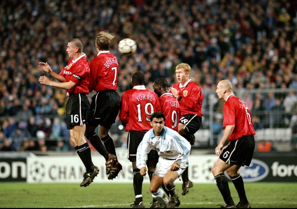 19 Oct 1999: (L to R) Keane, Beckham, Yorke, Cole, Scholes and Stam form the Manchester United defensive wall during the UEFA Champions League Gro...