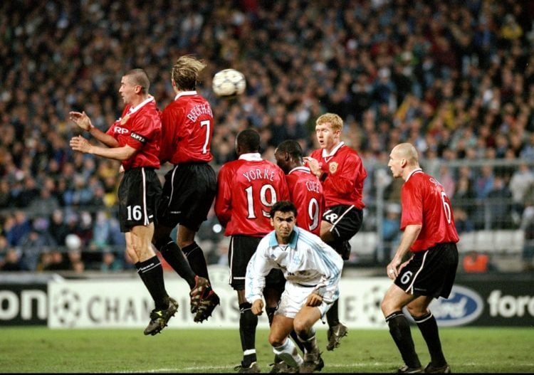 (L to R) Keane, Beckham, Yorke, Cole, Scholes and Stam form the Manchester United defensive wall during the UEFA Champions League Group D match aga...