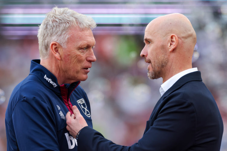 LONDON, ENGLAND - MAY 7: West Ham manager David Moyes with Erik ten Hag Manager/Head Coach of Manchester United during the Premier League match bet...