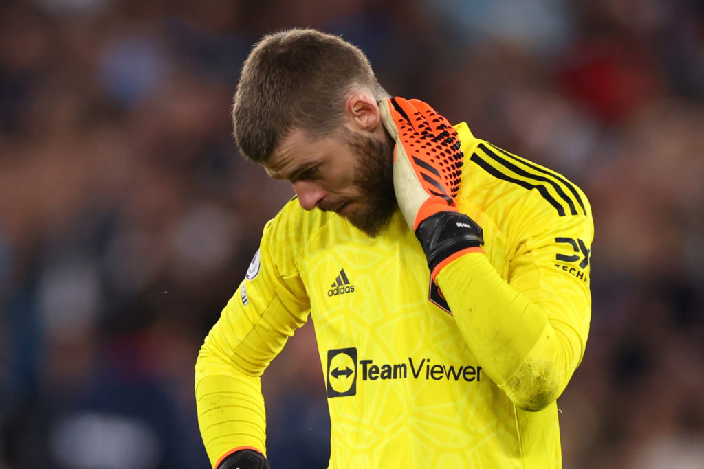 David de Gea of Manchester United looks dejected during the Premier League match between West Ham United and Manchester United at London Stadium on...