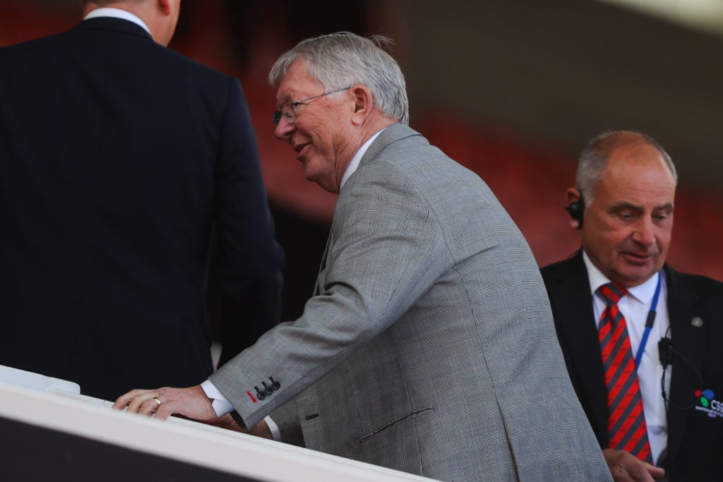 Former Manchester United manager, Sir Alex Ferguson, looks on prior to the Premier League match between Manchester United and Wolverhampton Wandere...