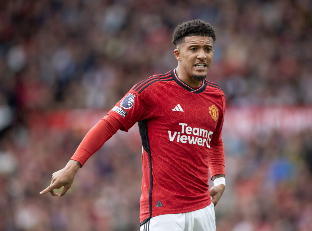 Jadon Sancho of Manchester United instructs team mates during the Premier League match between Manchester United and Nottingham Forest at Old Trafford on August 26, 2023