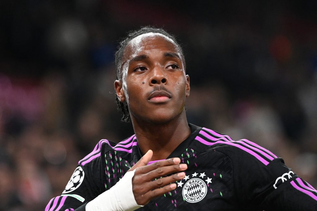 Bayern Munich's French forward #39 Mathys Tel celebrates at the end of the UEFA Champions League Group A football match between FC Copenhagen and F...