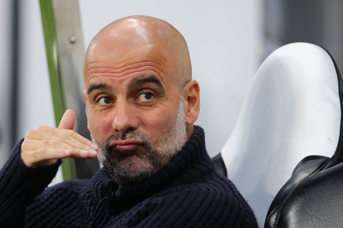 Josep 'Pep' Guardiola, manager of Manchester City, gestures prior to the Carabao Cup Third Round match between Newcastle United and Manchester City...