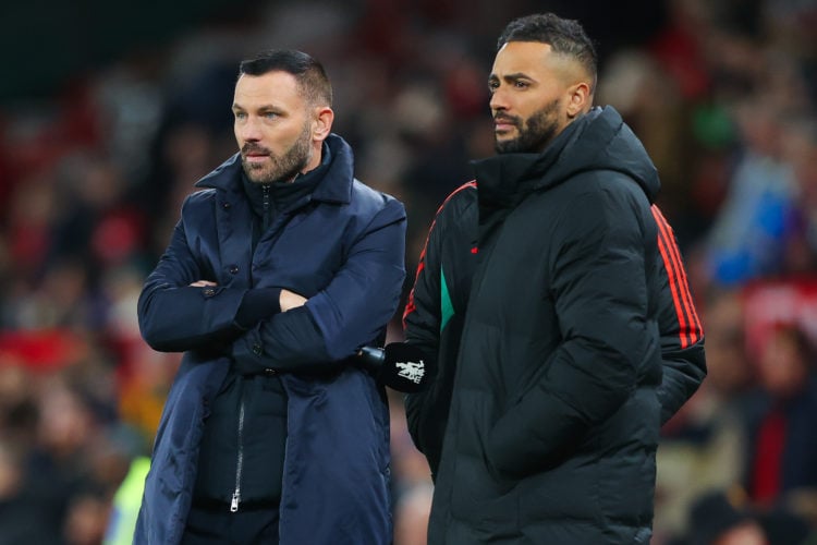 Former Manchester United player Phil Bardsley (L), assistant manager of Macclesfield FC, looks on with Danny Simpson during the Carabao Cup Fourth ...