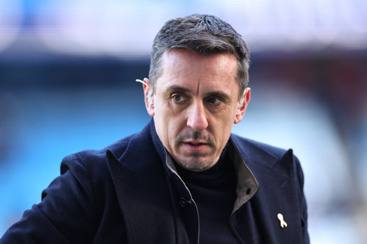 Gary Neville reporting for Sky Sports during the Premier League match between Manchester City and Liverpool FC at Etihad Stadium on November 25, 20...