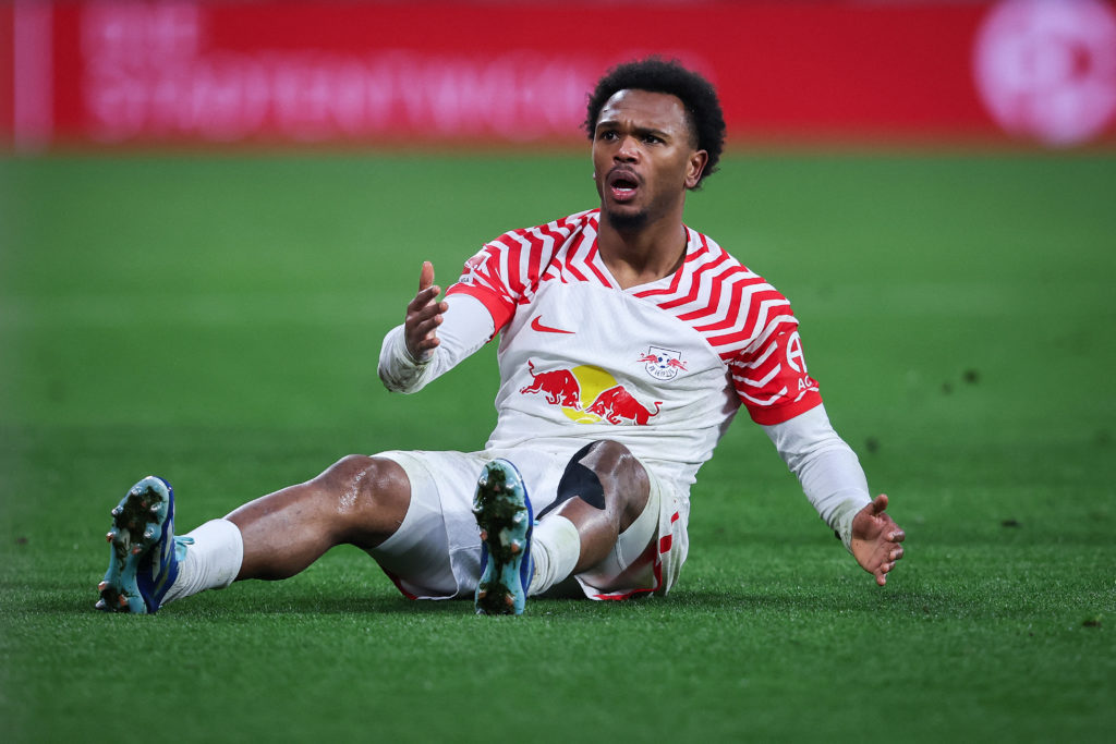 Lois Openda reacts during the German first division Bundesliga football match between RB Leipzig and FC Heidenheim 1846 in Leipzig on December 2, 2023