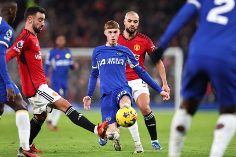 Sofyan Amrabat of Manchester United and Cole Palmer of Chelsea during the Premier League match between Manchester United and Chelsea FC at Old Traf...