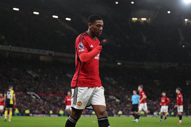 Manchester United's French striker #09 Anthony Martial leaves the game, substituted during the English Premier League football match between Manche...