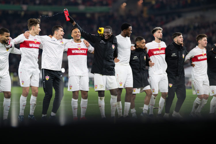  celebrates victory with his team after the DFB cup round of 16 match between VfB Stuttgart and Borussia Dortmund at MHPArena on December 06, 2023 in Stuttgart, Germany. (Photo by Markus Gilliar - GES Sportfoto/Getty Images