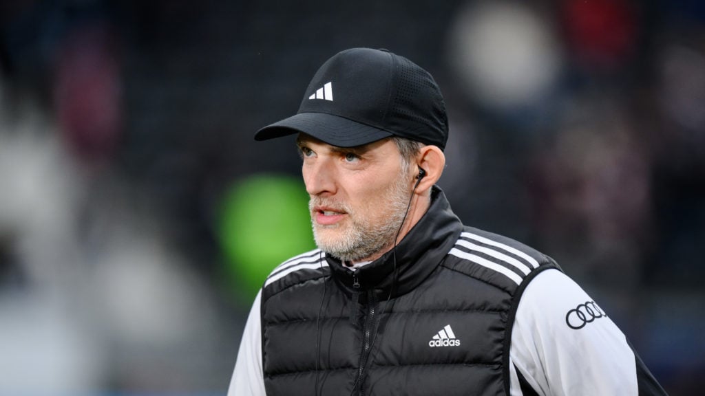 Head Coach Thomas Tuchel of Munich looks on prior to the Bundesliga match between Eintracht Frankfurt and FC Bayern München at Deutsche Bank Park o...