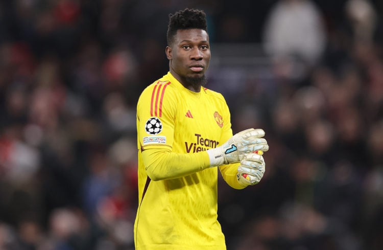 Manchester United's Andre Onana in action during the UEFA Champions League match between Manchester United and FC Bayern Munich at Old Trafford on ...