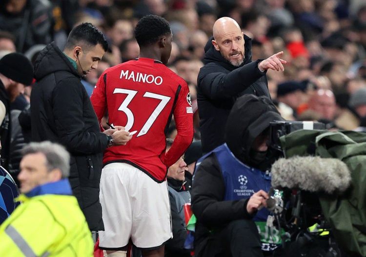 Manchester United manager Erik ten Hag issues instructions to Kobbie Mainoo during the UEFA Champions League match between Manchester United and FC...