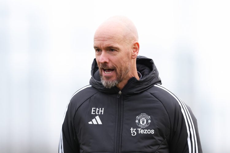 Erik ten Hag, Manager of Manchester United, looks on during a training session at Carrington Training Ground on December 11, 2023 in Manchester, En...