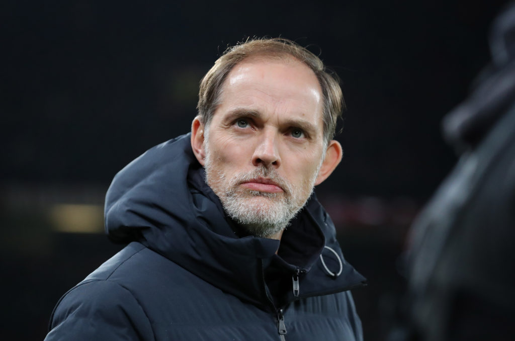 Thomas Tuchel the manager of FC Bayern München looks on prior to the UEFA Champions League match between Manchester United and FC Bayern München at...