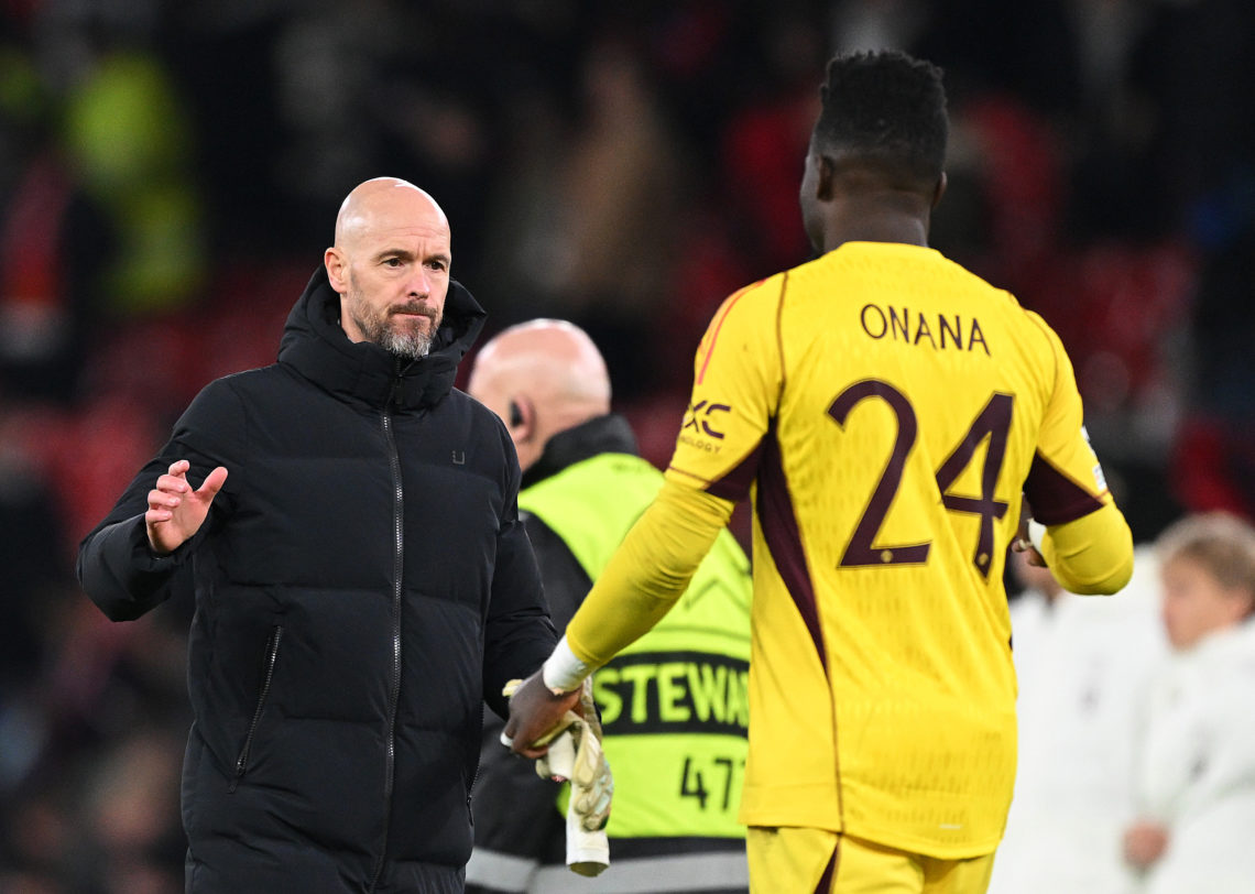 Erik ten Hag, Manager of Manchester United, consoles Andre Onana of Manchester United at full-time after their team's defeat in the UEFA Champions ...