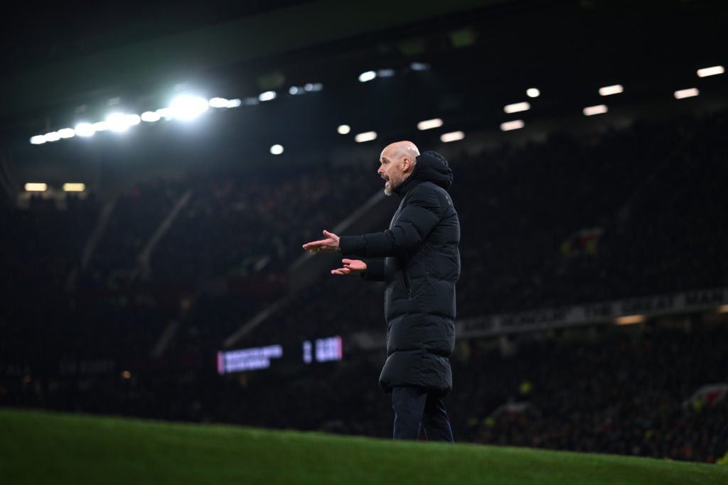 Manchester United manager Erik ten Hag gestures during the UEFA Champions League match between Manchester United and FC Bayern München at Old Traff...