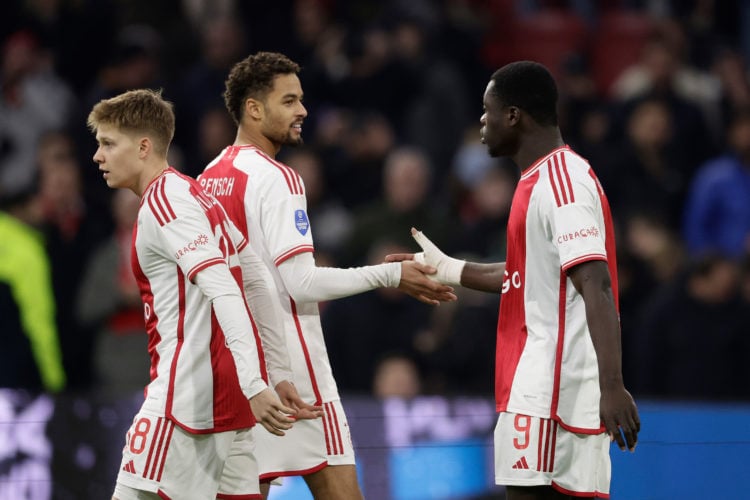 Brian Brobbey of Ajax celebrates 2-0 with Devyne Rensch of Ajax Kristian Hlynsson of Ajax  during the Dutch Eredivisie  match between Ajax v PEC Zw...