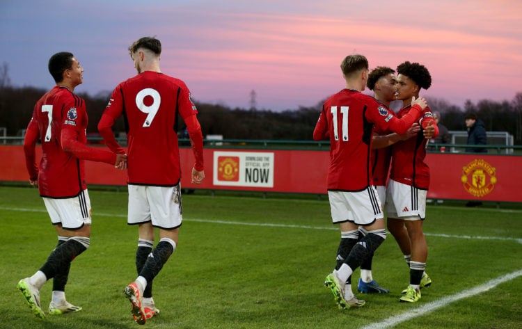 Shola Shoretire of Manchester United celebrates scoring their third goal during the Premier League 2 match between Manchester United U21 v Newcastl...