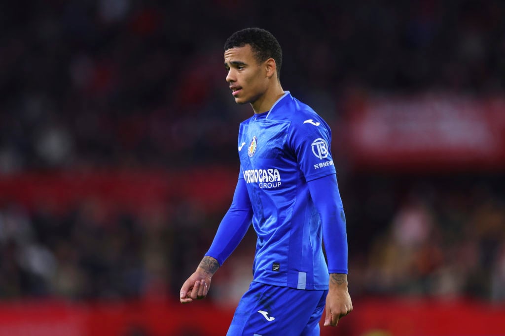 Mason Greenwood of Getafe CF looks on during the LaLiga EA Sports match between Sevilla FC and Getafe CF at Estadio Ramon Sanchez Pizjuan on Decemb...