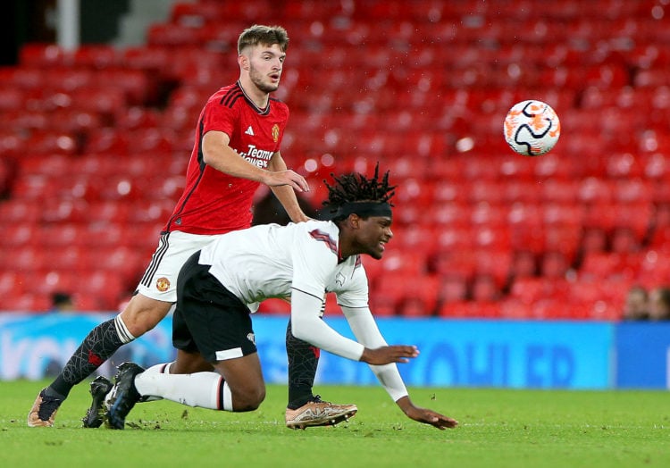 Jack Kingdon of Manchester United U18s in action during the FA Youth Cup Third Round match between Manchester United U18s and Derby County U18s at ...