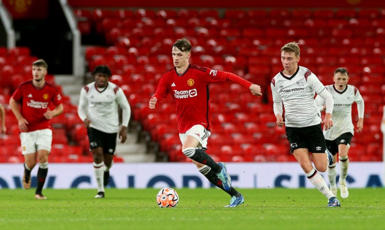 Jack Fletcher of Manchester United U18s in action during the FA Youth Cup Third Round match between Manchester United U18s and Derby County U18s at...