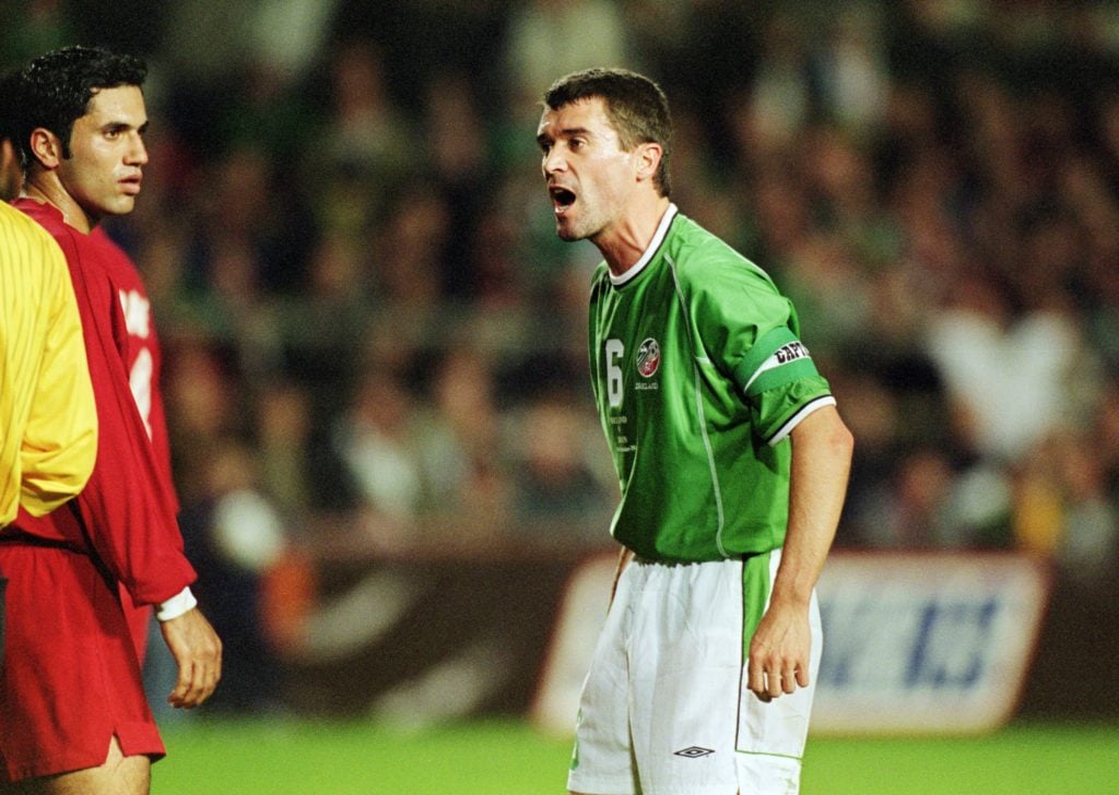 Roy Keane of Republic of Ireland argues with the referee during the FIFA World Cup 2002 play-off first leg match against Iran played at Lansdowne R...