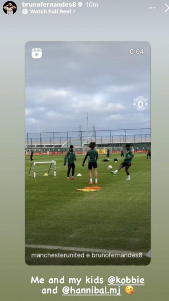 Bruno Fernandes’ message after posting training footage featuring him alongside Manchester United duo Kobbie Mainoo and Hannibal Mejbri. Credit: Instagram