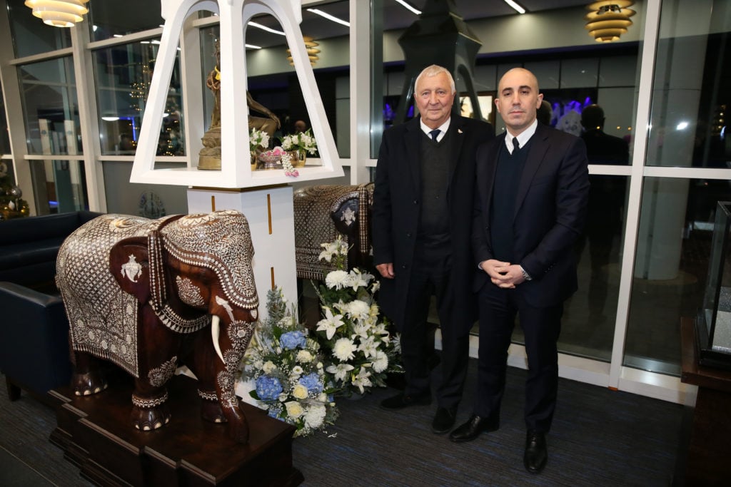 Club Ambassador Mike Summerbee of Manchester City and Chief Operating Officer Omar Berrada of Manchester City lay flowers at King Power Stadium in ...