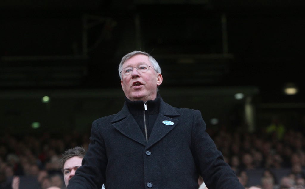 Sir Alex Ferguson of Manchester United watches from the dugout during the Barclays Premier League match between Manchester United and Blackburn Rov...