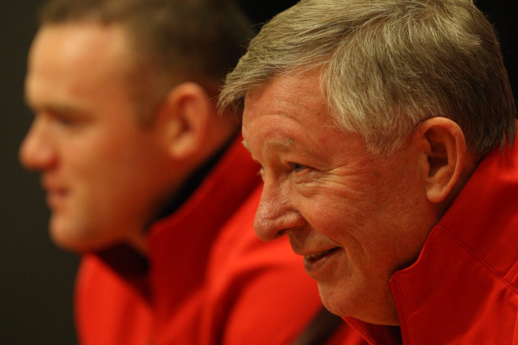 Sir Alex Ferguson of Manchester United speaks during a press conference ahead of the UEFA Europa League match between Manchester United and Ajax on...