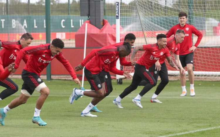 (EXCLUSIVE COVERAGE) Jadon Sancho, Aaron Wan-Bissaka, Marcus Rashford, Jesse Lingard, Phil Jones of Manchester United in action during a first team...