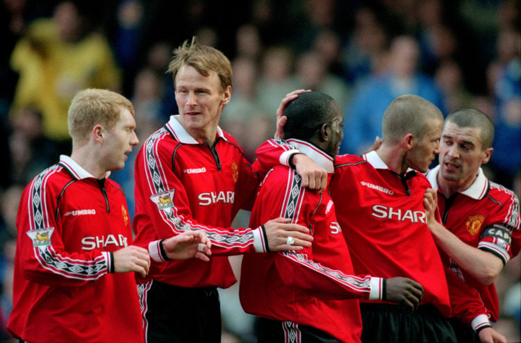 18 March 2000, Leicester - Carling FA Premiership Football - Leicester City v Manchester United - Dwight Yorke of Man Utd celebrates scoring their ...