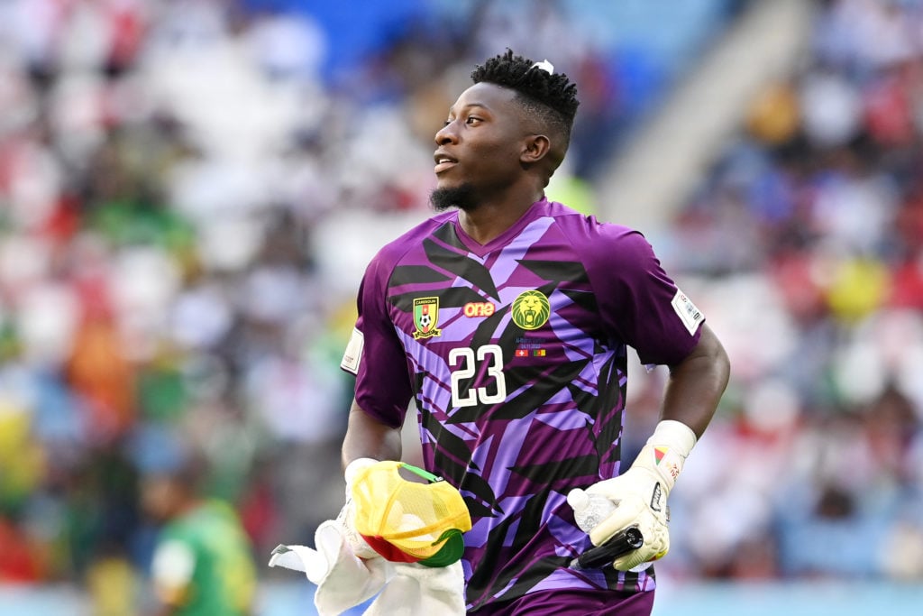 Andre Onana of Cameroon looks on during the FIFA World Cup Qatar 2022 Group G match between Switzerland and Cameroon at Al Janoub Stadium on Novemb...