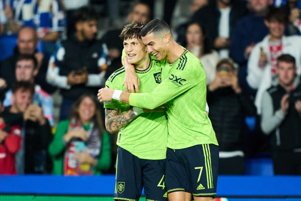 Cristiano Ronaldo and Alejandro Garnacho celebrate.