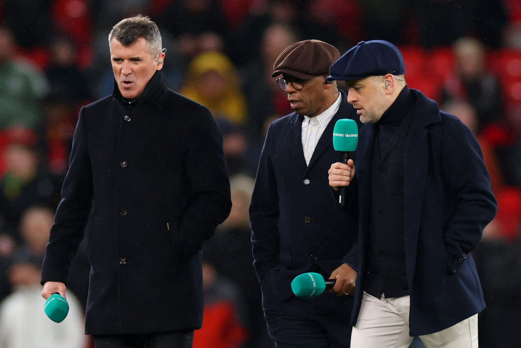 Commentators Roy Keane, Ian Wright and Joe Cole of ITV Sport are seen prior to the Emirates FA Cup Fifth Round match between Manchester United and ...