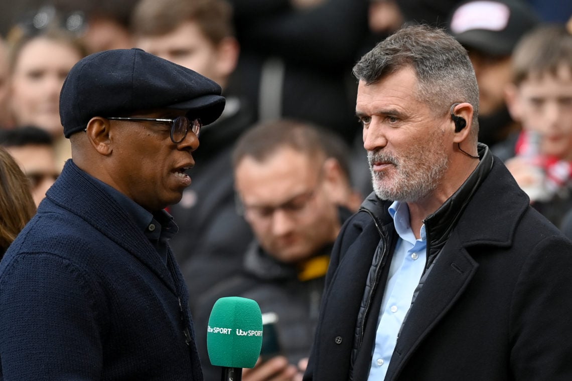 Former Footballers Ian Wright and Roy Keane speak as they present on ITV Sport prior to the Emirates FA Cup Quarter Final match between Manchester ...