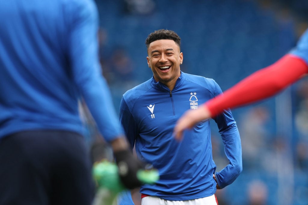 Jesse Lingard of Nottingham Forest warms up prior to the Premier League match between Chelsea FC and Nottingham Forest at Stamford Bridge on May 13...